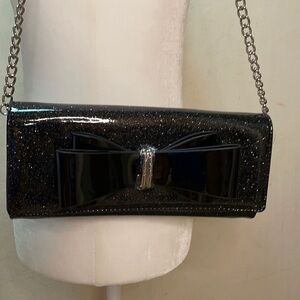 Betsey Johnson Crossbody Sparkle Black Faux Patent Leather With Bow Accent NWOT